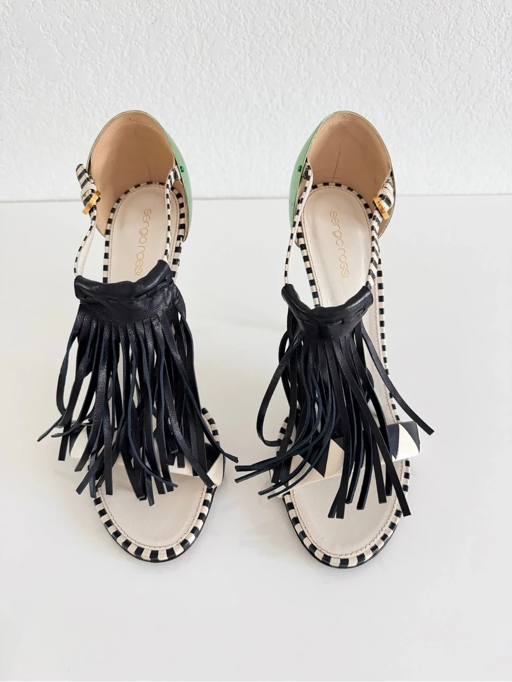 Sergio Rossi Green & Black Fringe High Heel Sandals